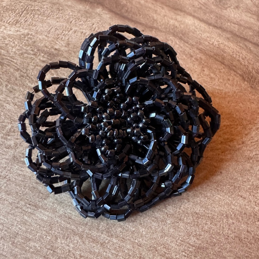 Metallic Black Seed Beads Flower Shaped Brooch Pin Witchy Whimsy Goth Steampunk